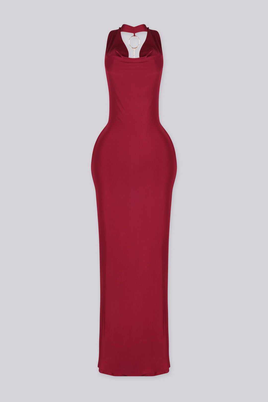 EDGEBYKS - Cowl draped halter neckline maxi dress with fitted bodycon silhouette, burgundy front view