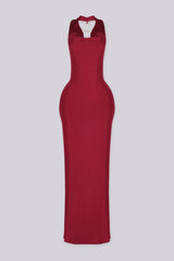 EDGEBYKS - Cowl draped halter neckline maxi dress with fitted bodycon silhouette, burgundy front view