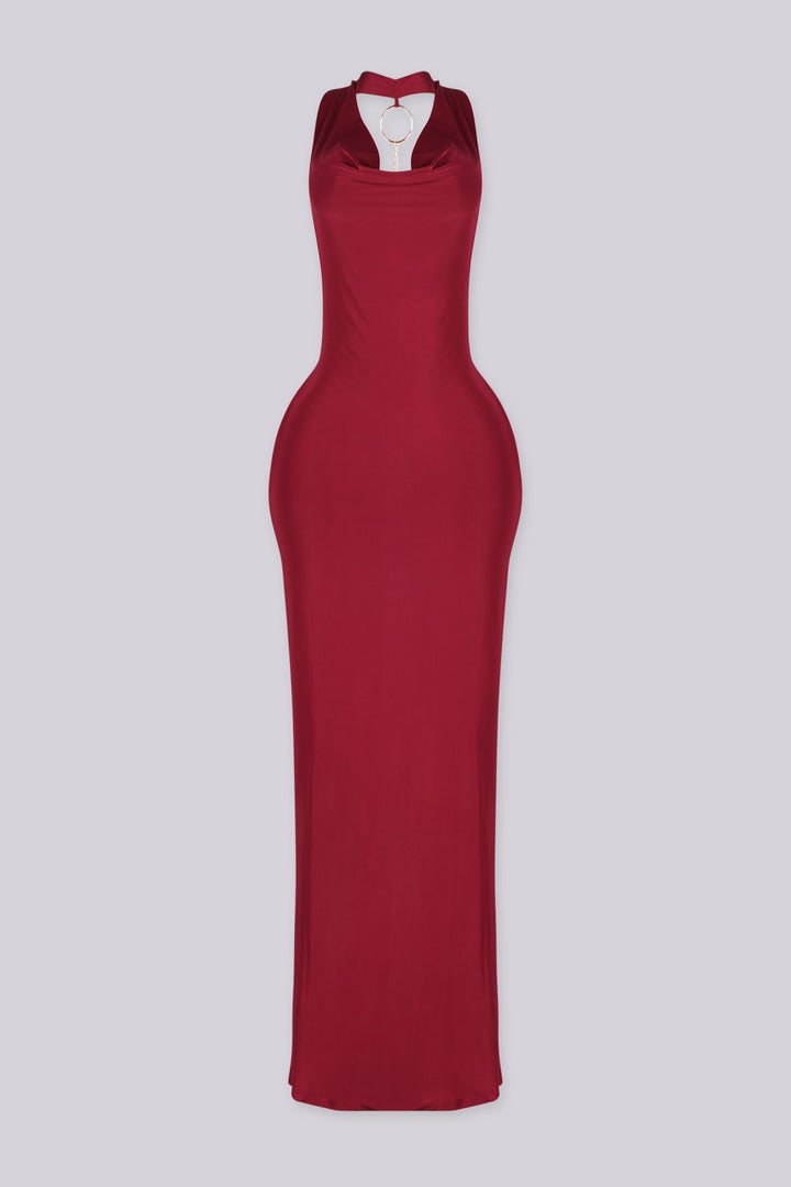 EDGEBYKS - Cowl draped halter neckline maxi dress with fitted bodycon silhouette, burgundy front view