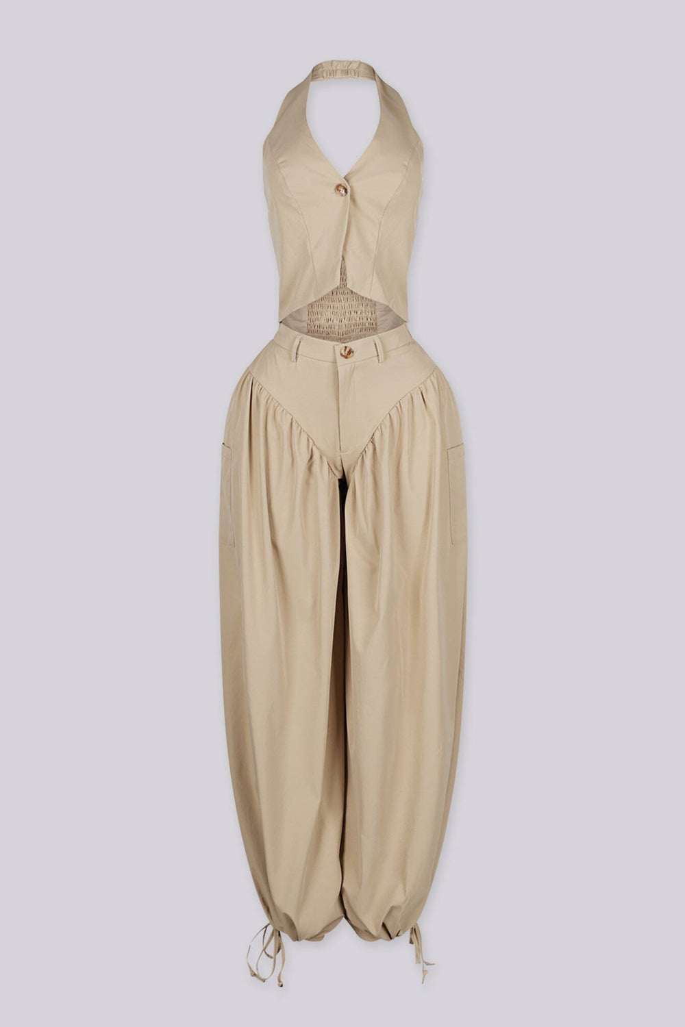 Halter crop top featuring a plunging neckline with&nbsp;a peekaboo waist cutout, front view v2.