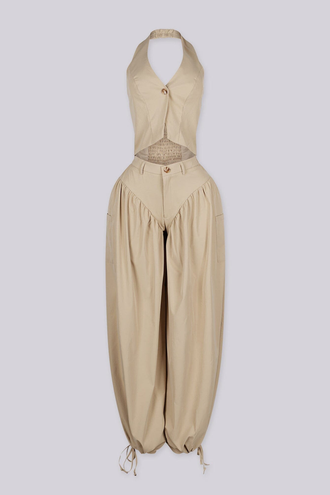 Halter crop top featuring a plunging neckline with&amp;nbsp;a peekaboo waist cutout, front view v2.