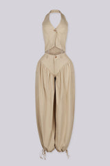 Halter crop top featuring a plunging neckline with&amp;nbsp;a peekaboo waist cutout, front view v2.