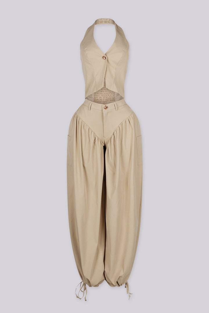 Halter crop top featuring a plunging neckline with&amp;nbsp;a peekaboo waist cutout, front view v2.