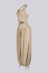 Halter crop top featuring a plunging neckline with&amp;nbsp;a peekaboo waist cutout, side view.