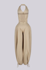 Halter crop top featuring a plunging neckline with&amp;nbsp;a peekaboo waist cutout, back view.