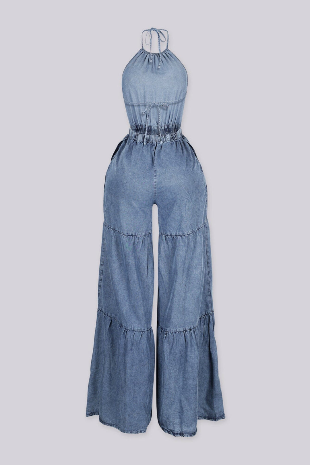EDGEBYKS - Denim halter jumpsuit with balloon sleeves and elastic cuffs, back view