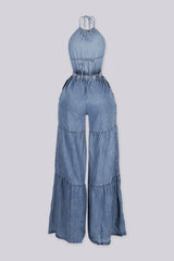 EDGEBYKS - Denim halter jumpsuit with balloon sleeves and elastic cuffs, back view