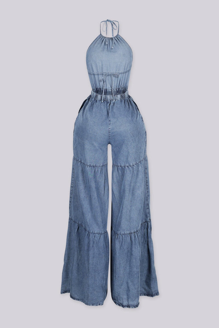 EDGEBYKS - Denim halter jumpsuit with balloon sleeves and elastic cuffs, back view