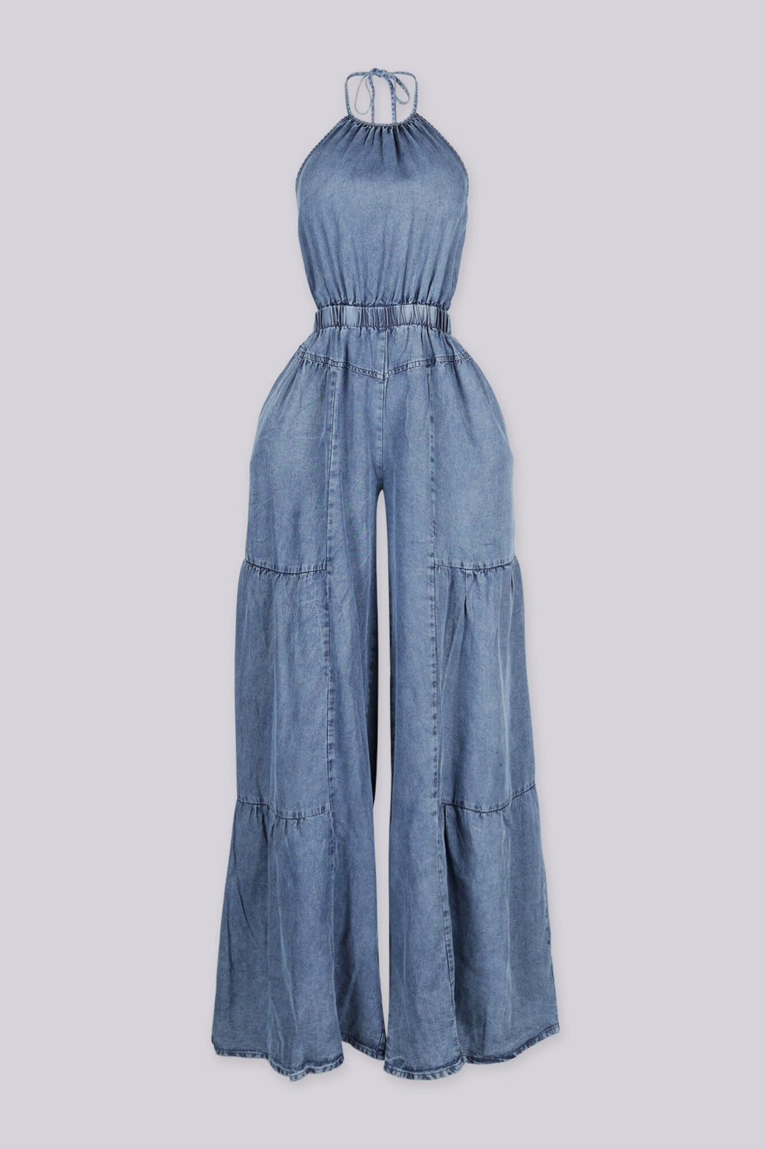 EDGEBYKS - Denim halter jumpsuit with balloon sleeves and elastic cuffs, front view