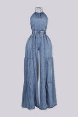 EDGEBYKS - Denim halter jumpsuit with balloon sleeves and elastic cuffs, front view