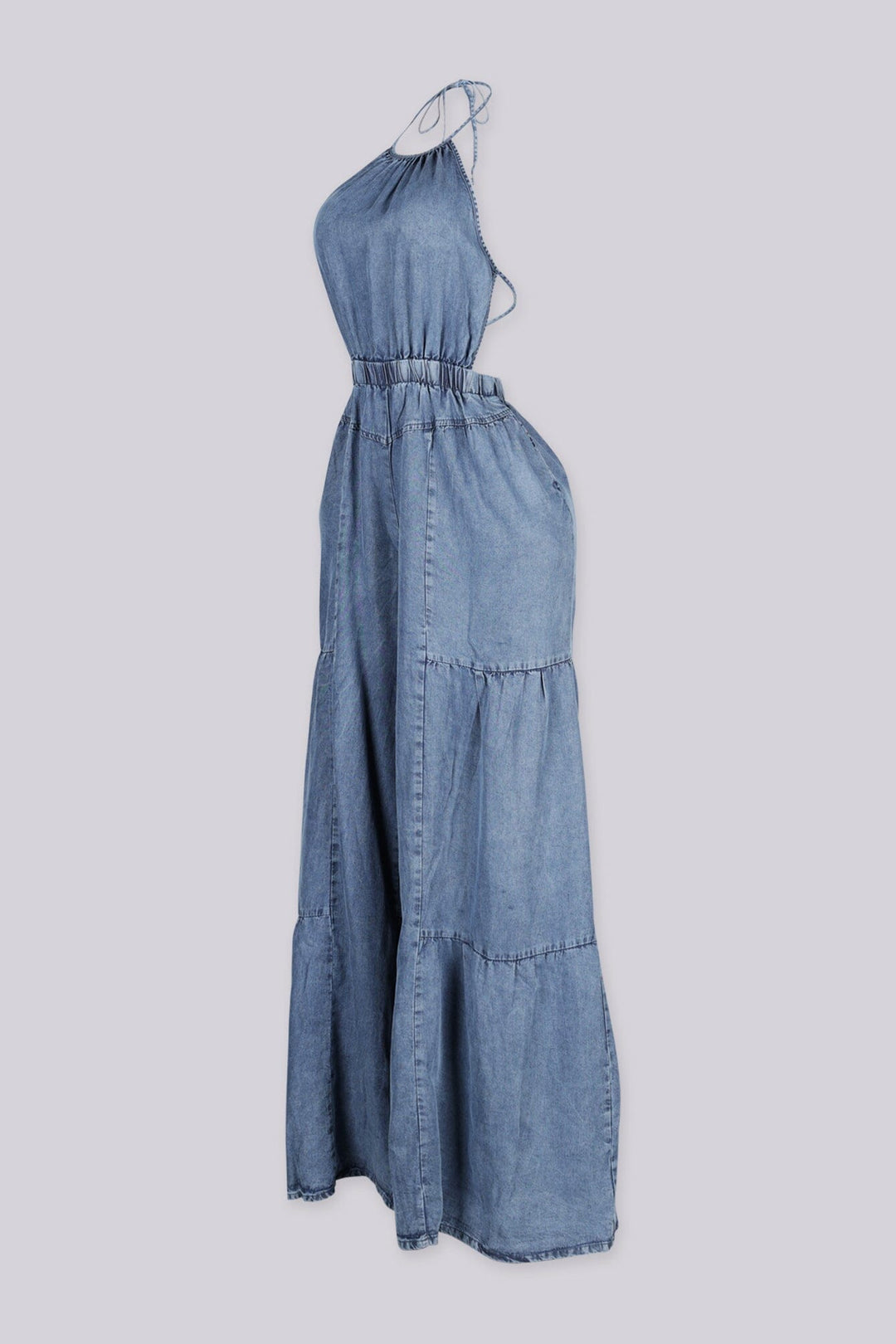EDGEBYKS - Denim halter jumpsuit with balloon sleeves and elastic cuffs, side view