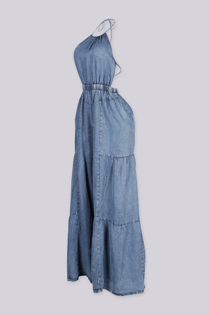 EDGEBYKS - Denim halter jumpsuit with balloon sleeves and elastic cuffs, side view