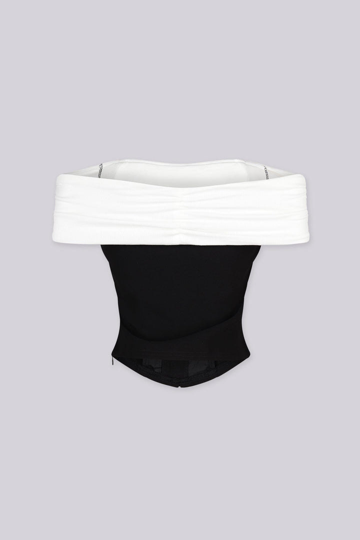 EDGEBYKS - Structured corset top featuring a off shoulder ruched neckline that folds softly, back view