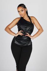 Faux leather one shoulder asymmetric halter top featuring adjustable metal buckle strap detailing