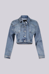 Denim Cropped Jacket featuring allover rhinestone sparkle and classic chest pockets