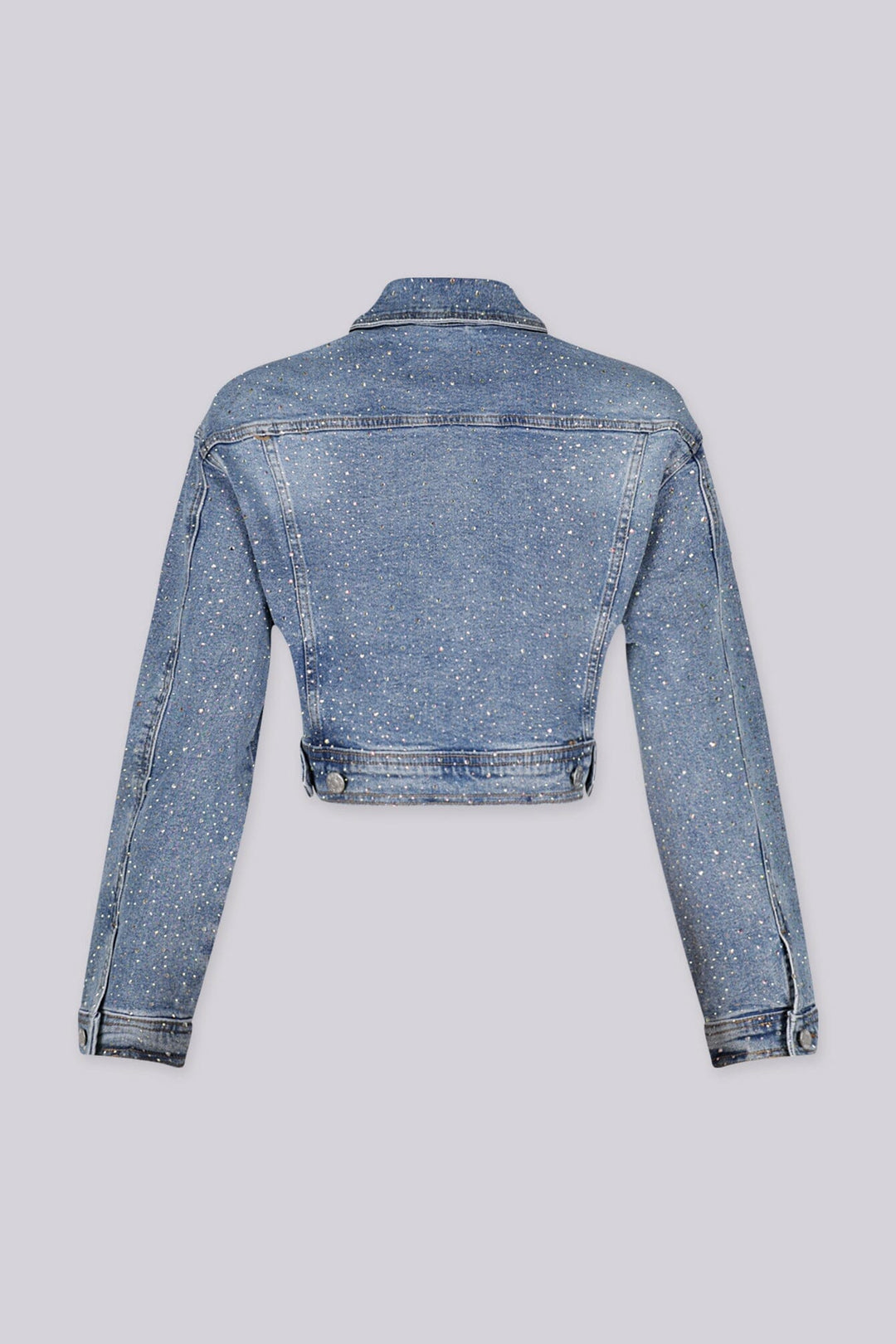 Denim Cropped Jacket featuring allover rhinestone sparkle and classic chest pockets