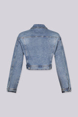 Denim Cropped Jacket featuring allover rhinestone sparkle and classic chest pockets