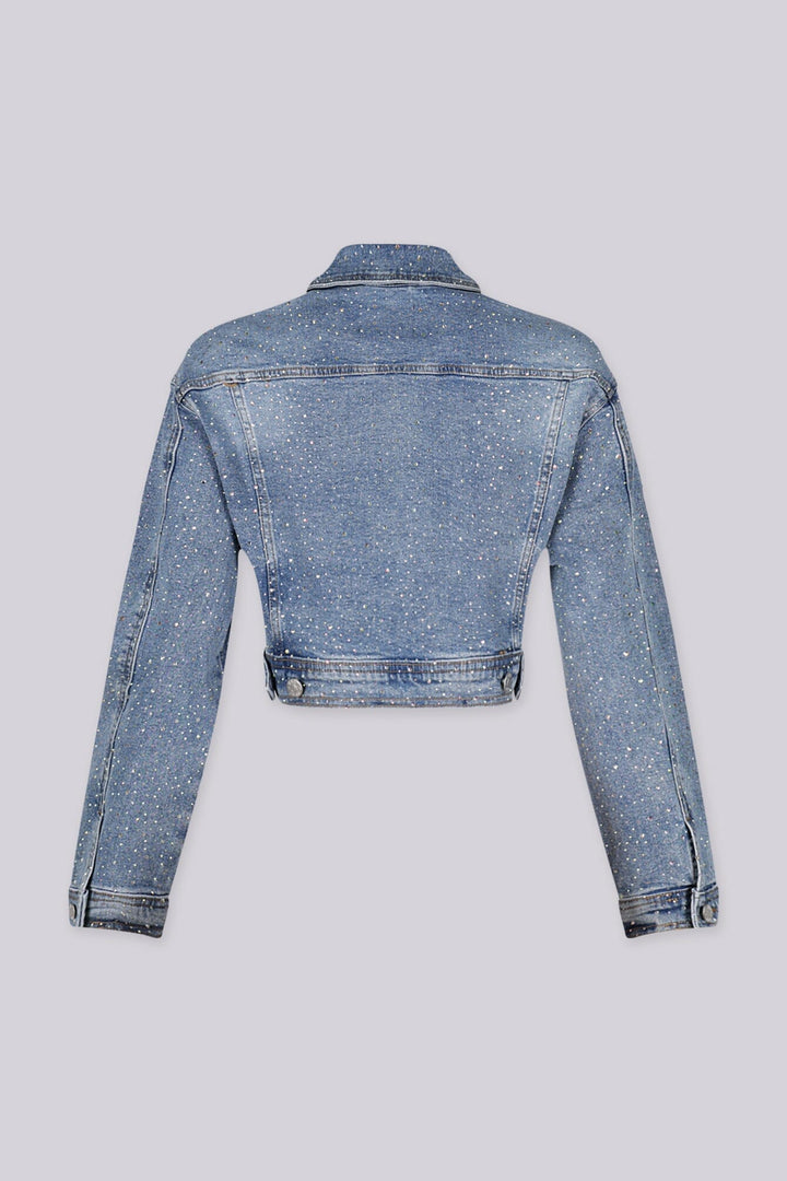 Denim Cropped Jacket featuring allover rhinestone sparkle and classic chest pockets