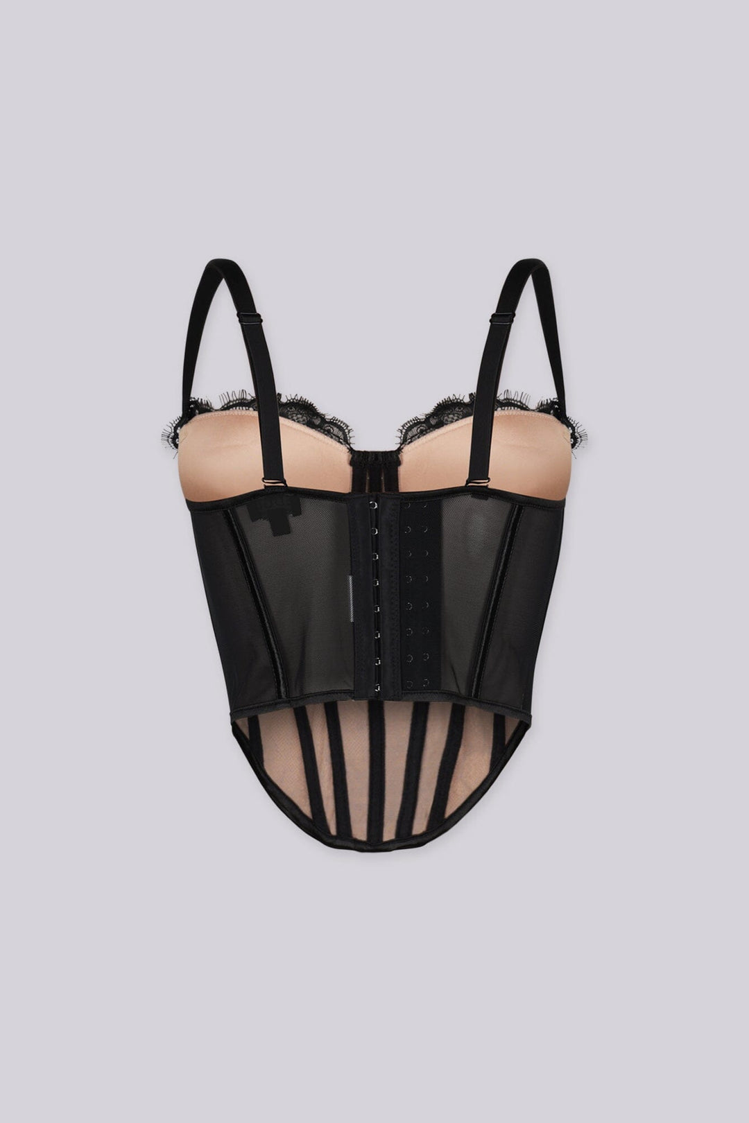 EDGEBYKS - Structured floral lace corset top with sheer mesh paneling, back view