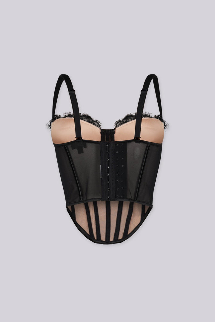 EDGEBYKS - Structured floral lace corset top with sheer mesh paneling, back view