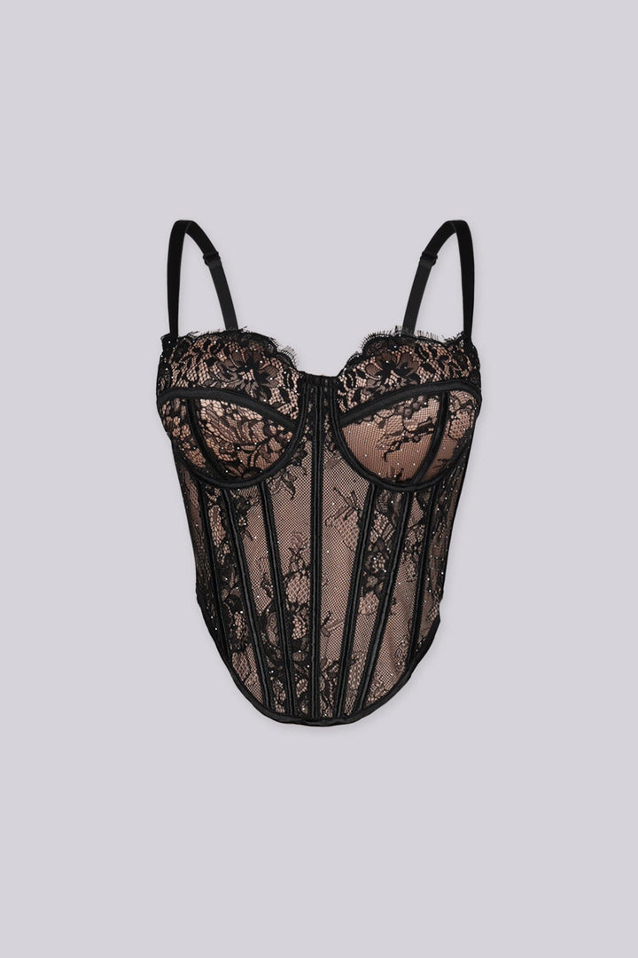 EDGEBYKS - Structured floral lace corset top with sheer mesh paneling, front view