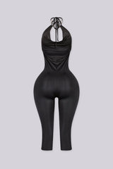 EDGEBYKS - Cowl neckline halter jumpsuit with a plunging cutout front, black back view