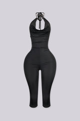 EDGEBYKS - Cowl neckline halter jumpsuit with a plunging cutout front, black front view