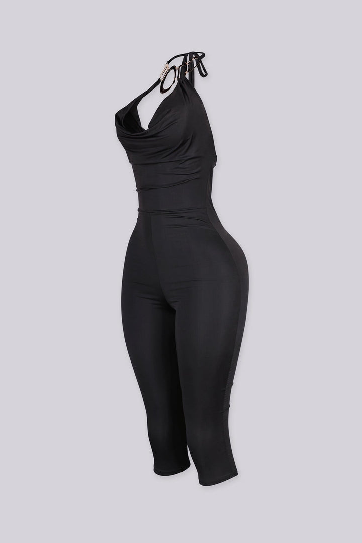 EDGEBYKS - Cowl neckline halter jumpsuit with a plunging cutout front, black side view