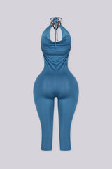 EDGEBYKS - Cowl neckline halter jumpsuit with a plunging cutout front, teal back view