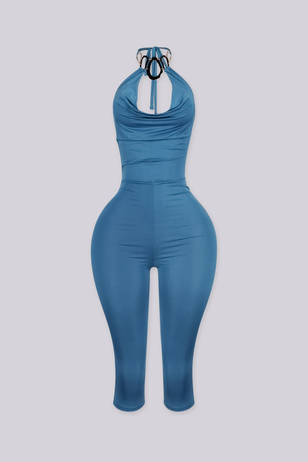 EDGEBYKS - Cowl neckline halter jumpsuit with a plunging cutout front, teal front view