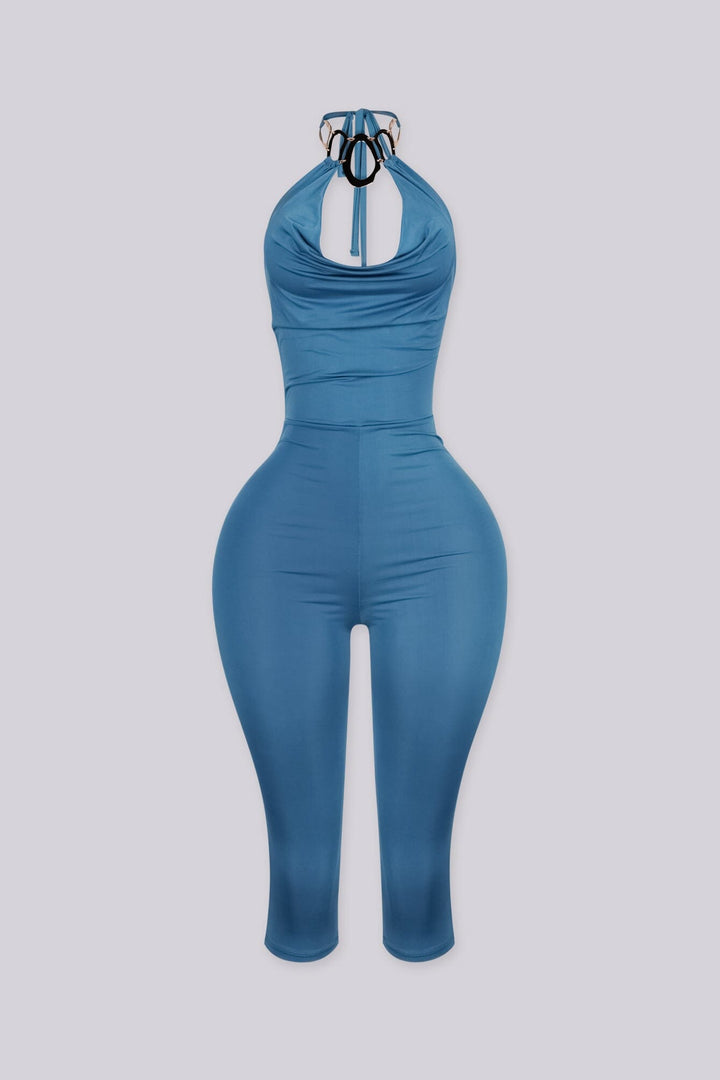 EDGEBYKS - Cowl neckline halter jumpsuit with a plunging cutout front, teal front view