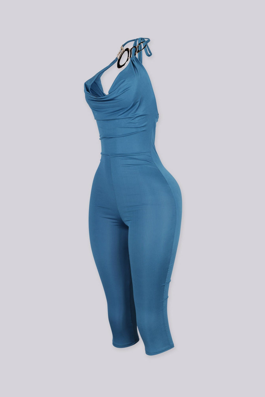 EDGEBYKS - Cowl neckline halter jumpsuit with a plunging cutout front, teal side view