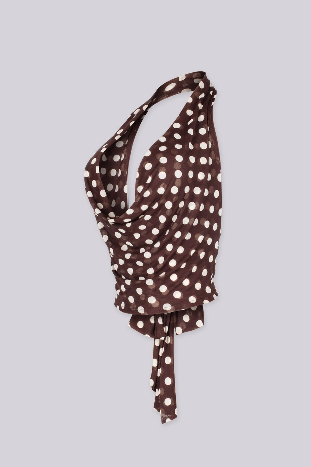 EDGEBYKS - Lightweight mesh cowl neck halter top drapes into a deep plunging front, side view
