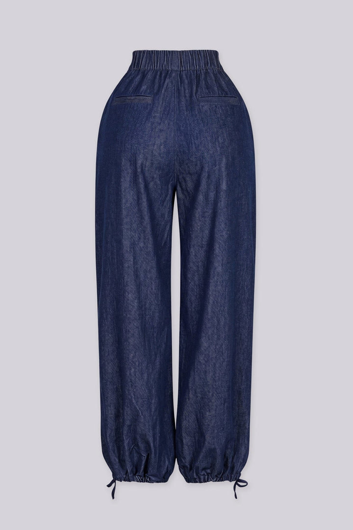 EDGEBYKS - Relaxed wide leg pants with deep inverted pleats at the high waist, blue back view
