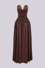 EDGEBYKS - Dropped waist strapless maxi dress with a heavily ruched bodice for a sculpted fit, brown back view