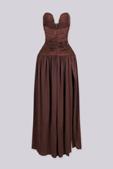 EDGEBYKS - Dropped waist strapless maxi dress with a heavily ruched bodice for a sculpted fit, brown front view