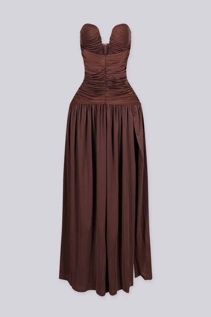 EDGEBYKS - Dropped waist strapless maxi dress with a heavily ruched bodice for a sculpted fit, brown front view