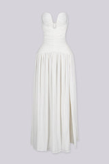 EDGEBYKS - Dropped waist strapless maxi dress with a heavily ruched bodice for a sculpted fit, white front view