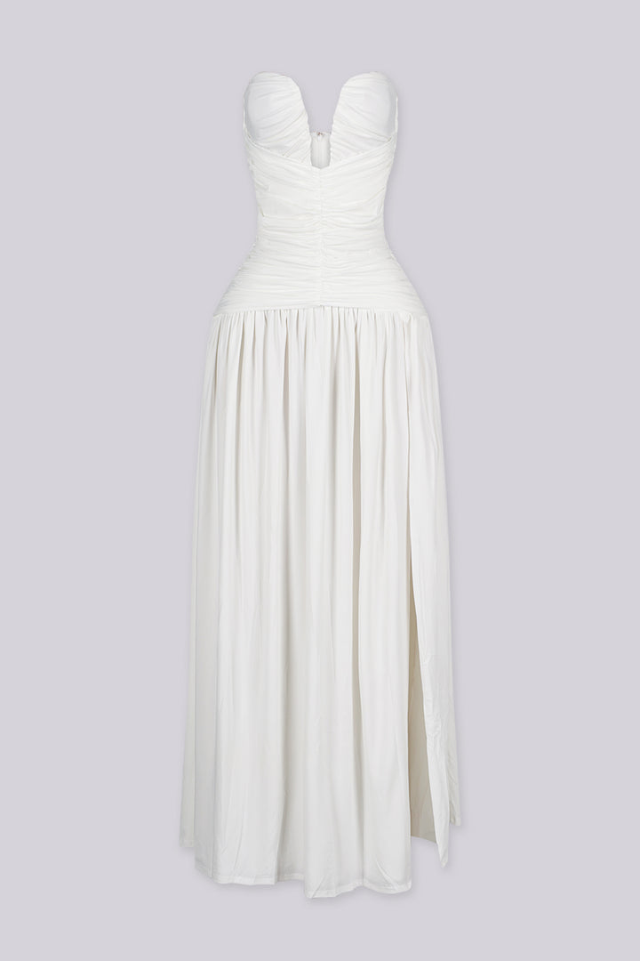EDGEBYKS - Dropped waist strapless maxi dress with a heavily ruched bodice for a sculpted fit, white front view