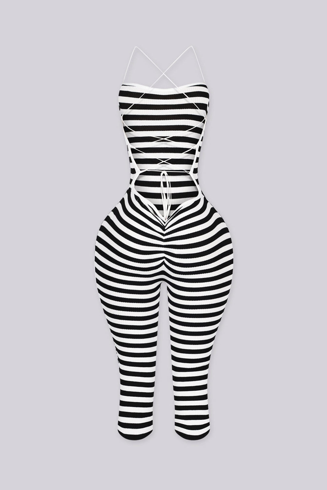 EDGEBYKS - Stripe print ribbed knit capri jumpsuit with fitted silhouette, black back view
