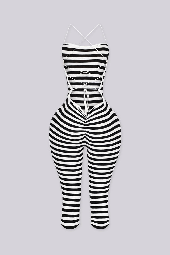 EDGEBYKS - Stripe print ribbed knit capri jumpsuit with fitted silhouette, black back view