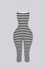EDGEBYKS - Stripe print ribbed knit capri jumpsuit with fitted silhouette, black front view