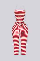 EDGEBYKS - Stripe print ribbed knit capri jumpsuit with fitted silhouette, red back view