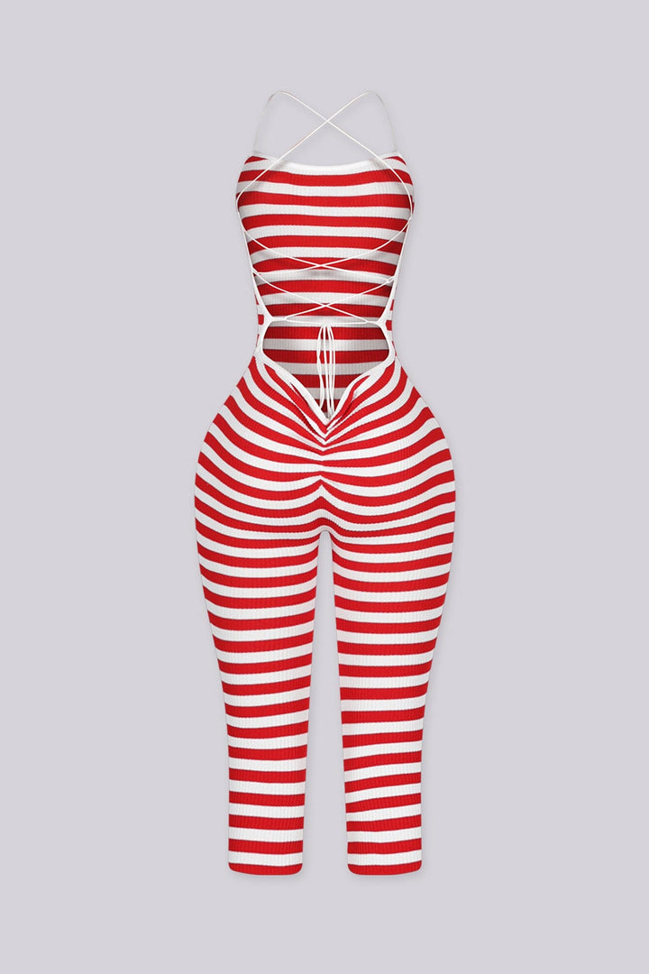 EDGEBYKS - Stripe print ribbed knit capri jumpsuit with fitted silhouette, red back view
