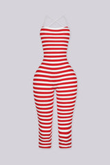 EDGEBYKS - Stripe print ribbed knit capri jumpsuit with fitted silhouette, red front view