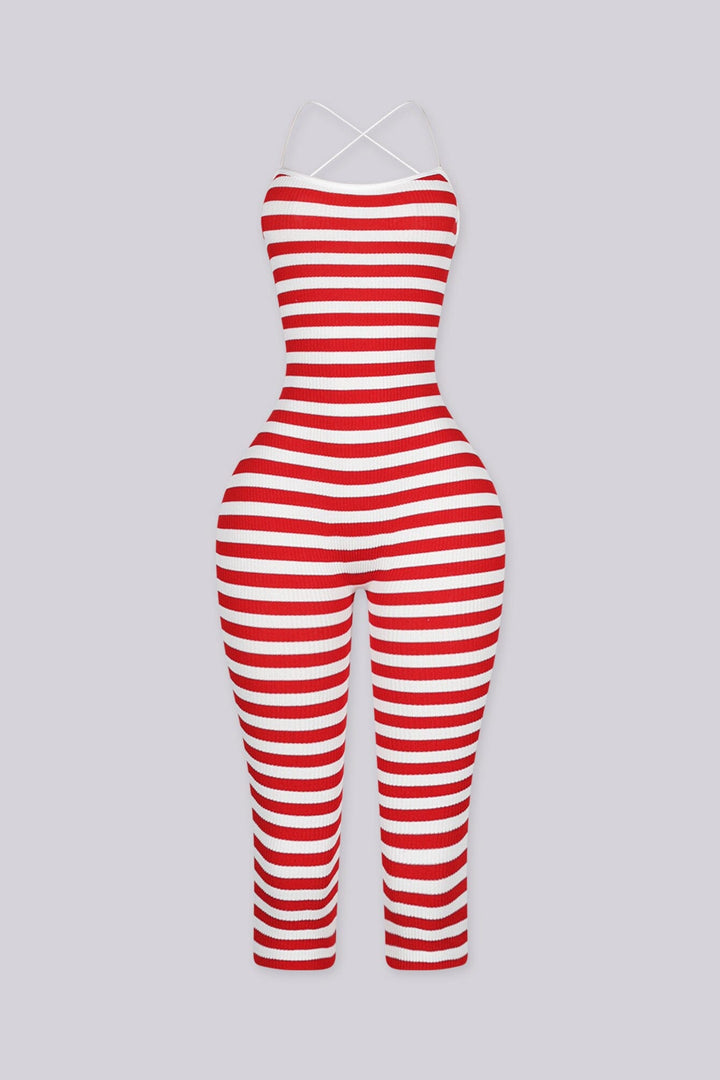 EDGEBYKS - Stripe print ribbed knit capri jumpsuit with fitted silhouette, red front view