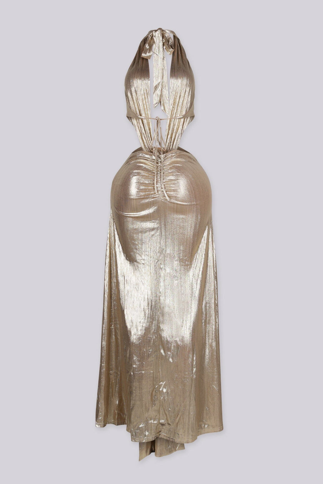 EDGEBYKS - Metallic gold shimmer maxi dress with plunging halter neckline, back view