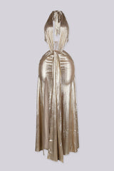 EDGEBYKS - Metallic gold shimmer maxi dress with plunging halter neckline, front view