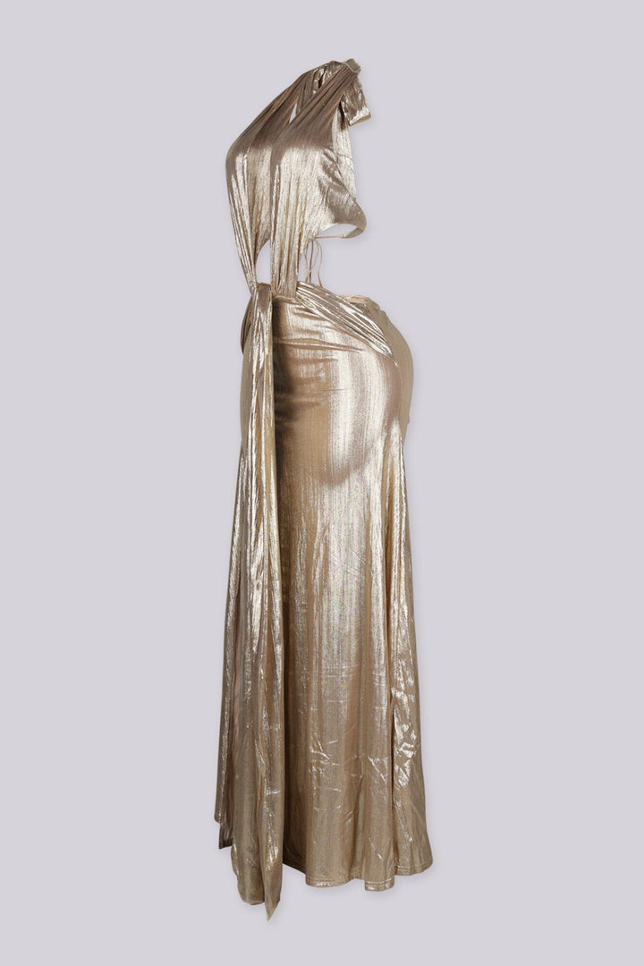 EDGEBYKS - Metallic gold shimmer maxi dress with plunging halter neckline, side view