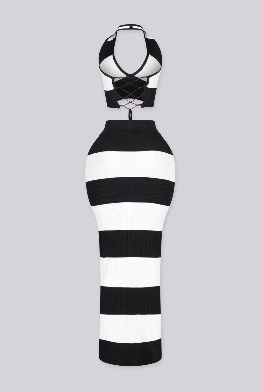 Striped ribbed knit halter crop top with a lace up back closure, black back view.